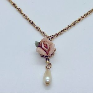 Pale pink porcelain rose necklace with pearl drop